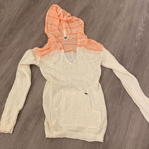 Roxy cream neon orange crochet knit long sleeve cover up. Beach.